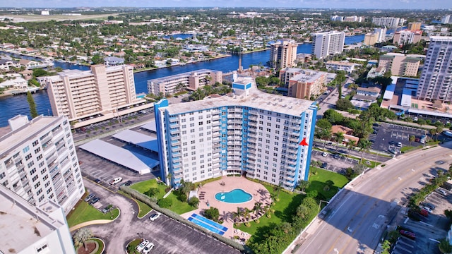 drone / aerial view featuring a water view