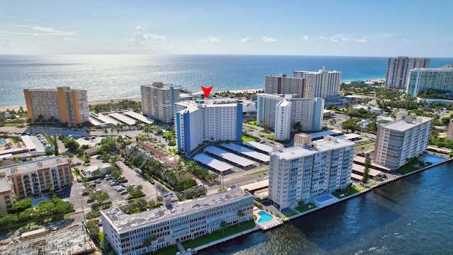 drone / aerial view featuring a water view