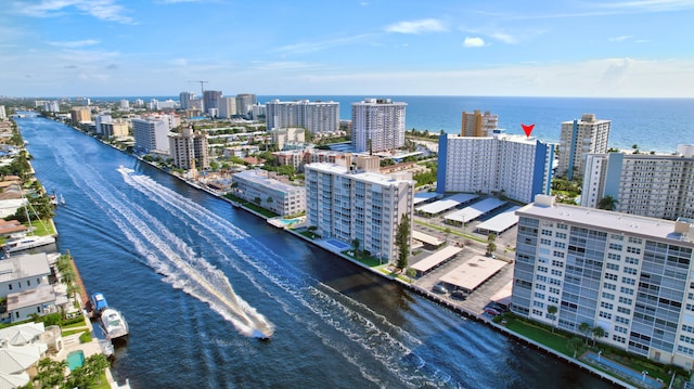 drone / aerial view featuring a water view