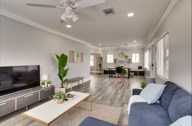 living room featuring wood-type flooring, a fireplace, crown molding, and ceiling fan