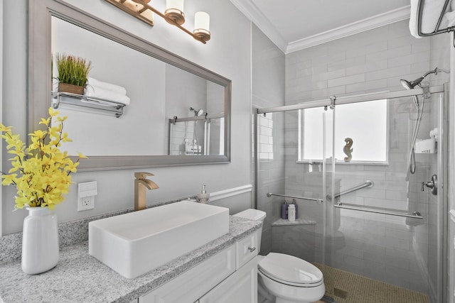 bathroom featuring crown molding, vanity, toilet, and walk in shower