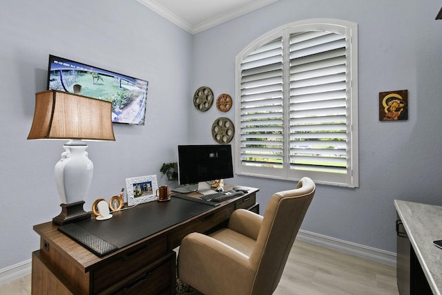 office area with crown molding and light hardwood / wood-style flooring