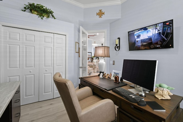 office space featuring crown molding and light hardwood / wood-style flooring