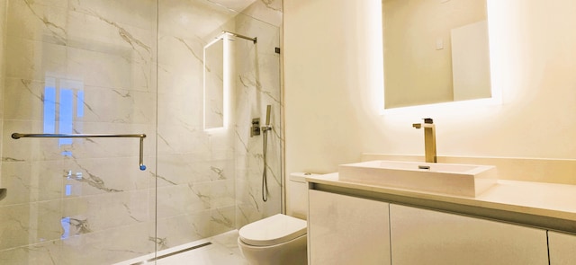 bathroom with vanity, an enclosed shower, and toilet