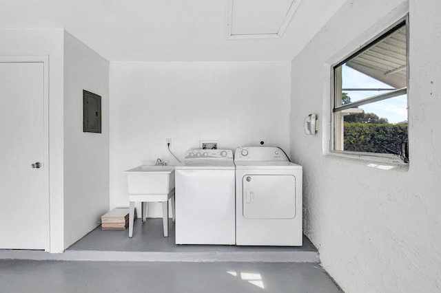 laundry area with washing machine and dryer and electric panel