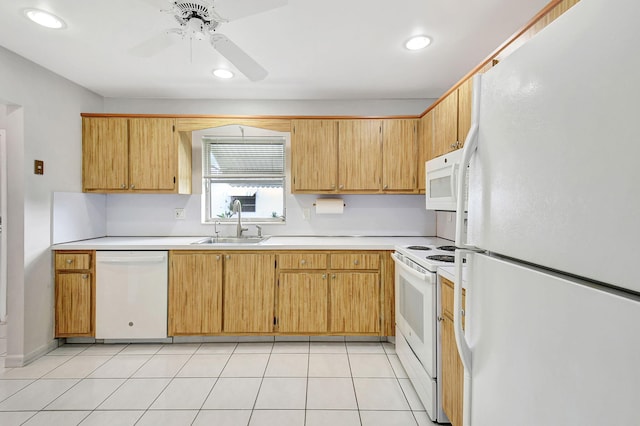 kitchen with ceiling fan, light tile patterned flooring, white appliances, and sink