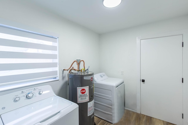 clothes washing area featuring electric water heater and dark hardwood / wood-style flooring