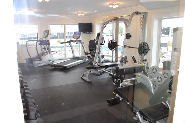 workout area with crown molding