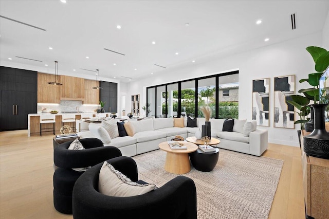 living room with light hardwood / wood-style flooring