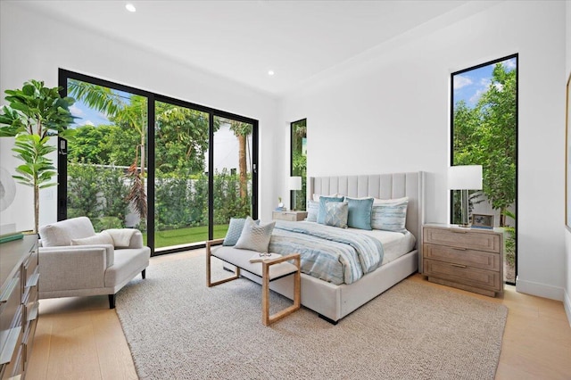 bedroom with light hardwood / wood-style floors and access to exterior