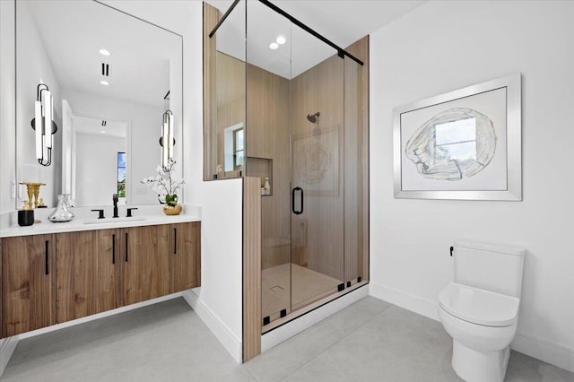 bathroom featuring vanity, toilet, an enclosed shower, and concrete floors