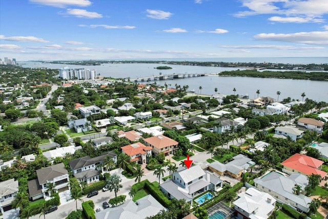 aerial view featuring a water view