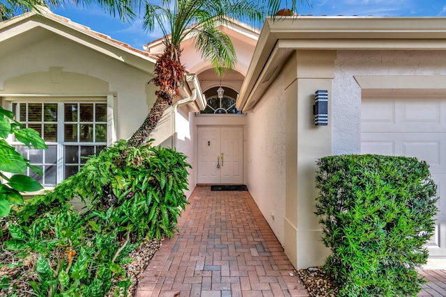 view of exterior entry with stucco siding