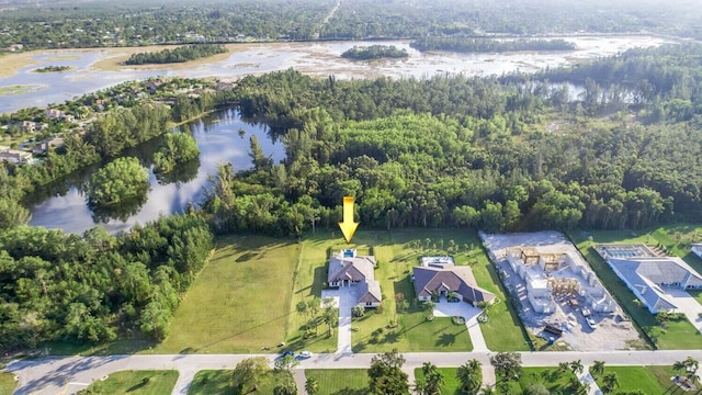 bird's eye view featuring a forest view and a water view