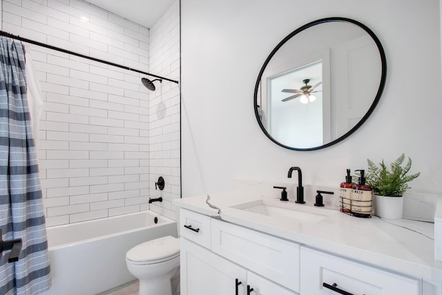 full bathroom with ceiling fan, toilet, shower / tub combo with curtain, and vanity