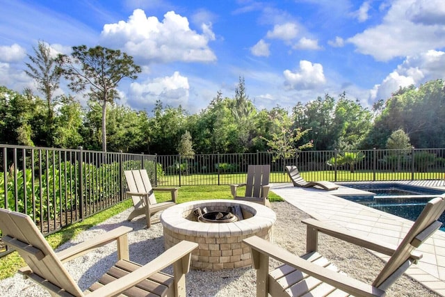 view of patio / terrace featuring a fenced in pool and an outdoor fire pit