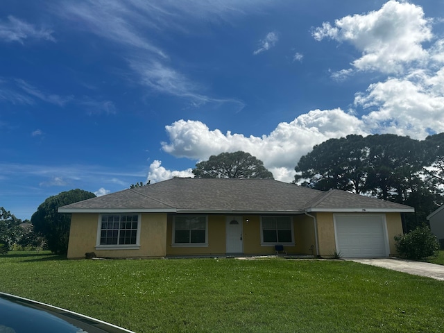 ranch-style home with a front lawn, a garage, and stucco siding