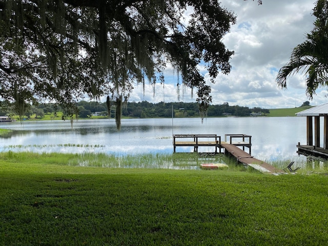 dock area featuring a lawn and a water view