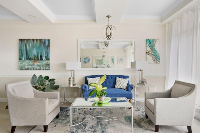 living room featuring a chandelier, ornamental molding, and a tray ceiling