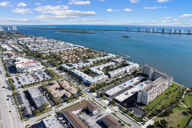 drone / aerial view featuring a water view