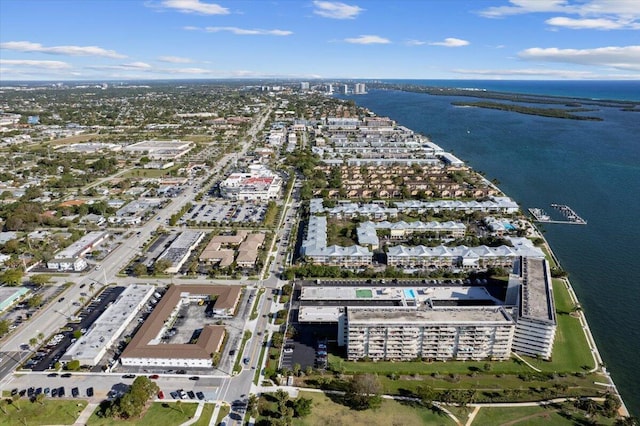 drone / aerial view featuring a water view