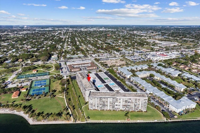 drone / aerial view with a water view