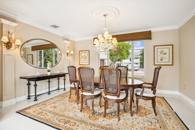 dining space with crown molding and an inviting chandelier