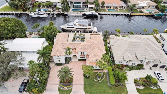 aerial view featuring a water view