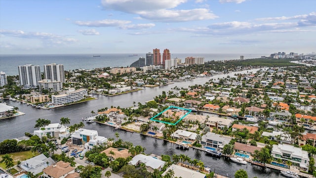 drone / aerial view featuring a water view