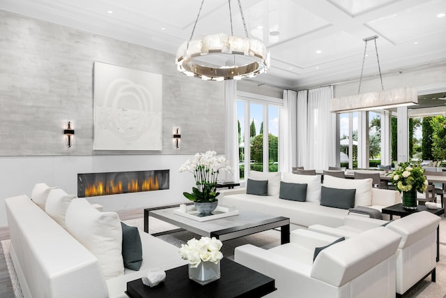 living room featuring coffered ceiling