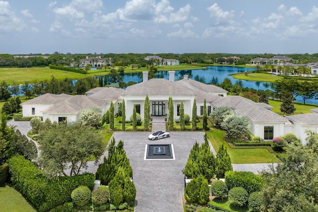 aerial view featuring a water view