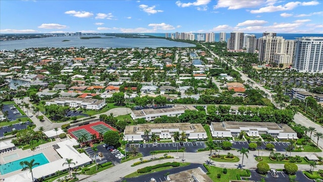 aerial view featuring a water view and a city view
