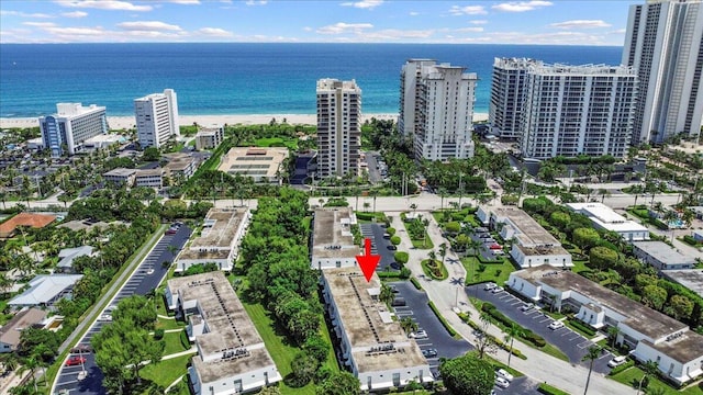 aerial view featuring a city view and a water view