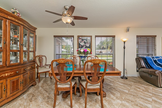 dining room featuring ceiling fan, plenty of natural light, and a textured ceiling