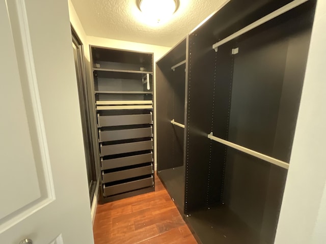 walk in closet with dark hardwood / wood-style flooring