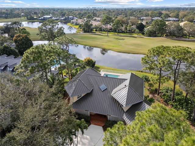 drone / aerial view with a water view