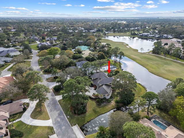 aerial view featuring a water view