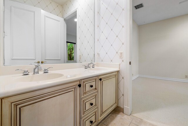 full bathroom featuring vanity, shower / bath combination with glass door, a notable chandelier, tile patterned flooring, and toilet