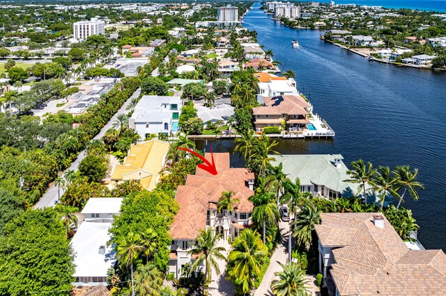 drone / aerial view with a water view