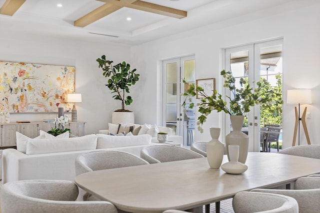 dining room featuring beam ceiling, french doors, and coffered ceiling