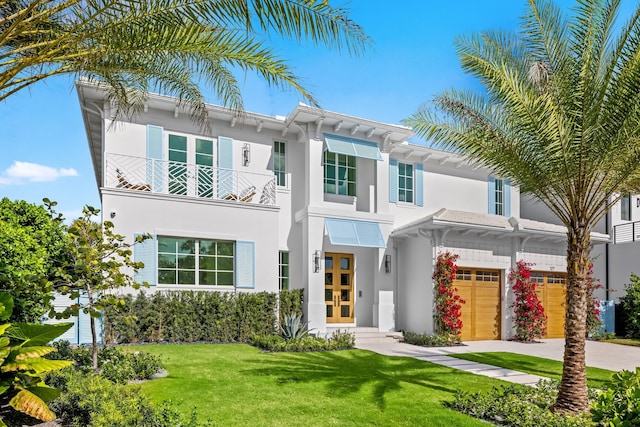 view of front of house featuring a garage and a front lawn