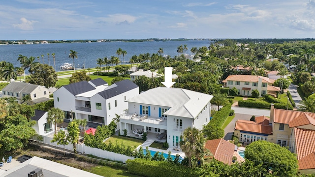 drone / aerial view with a water view