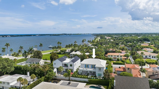 drone / aerial view featuring a water view