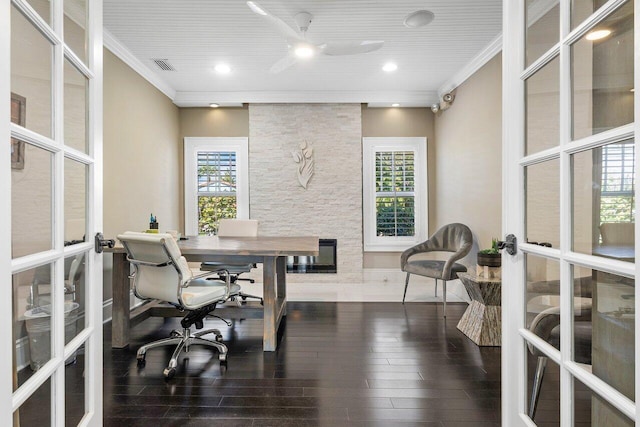 office area featuring ornamental molding, french doors, hardwood / wood-style floors, and ceiling fan