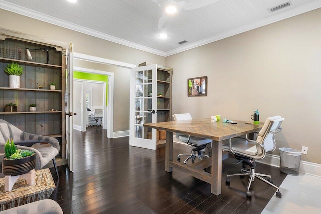 office space featuring ceiling fan, dark hardwood / wood-style floors, crown molding, and french doors