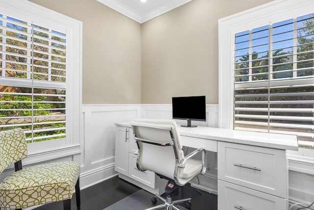 home office with crown molding and dark hardwood / wood-style flooring