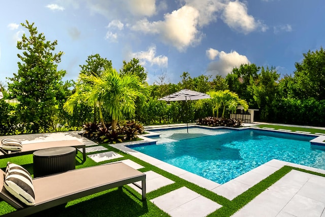 view of swimming pool featuring a patio area