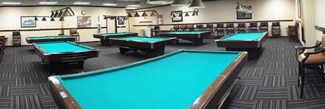 playroom featuring dark carpet and billiards