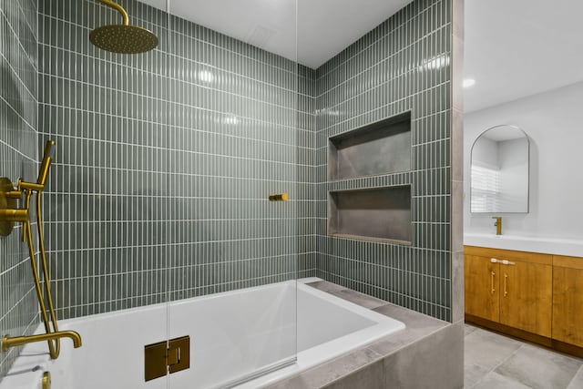 bathroom with vanity, separate shower and tub, and tile patterned floors