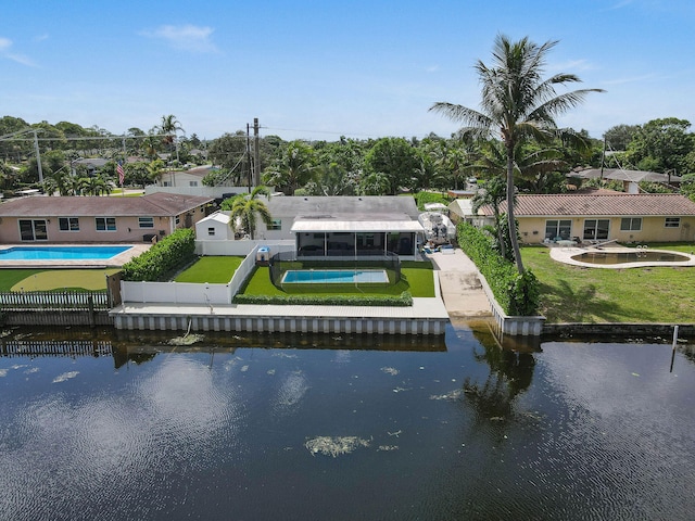 aerial view featuring a water view